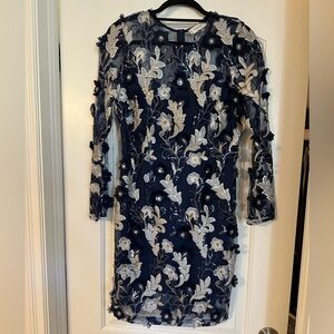 (L) Navy Blue Long Sleeve Formal Midi Dress with 3D Flower